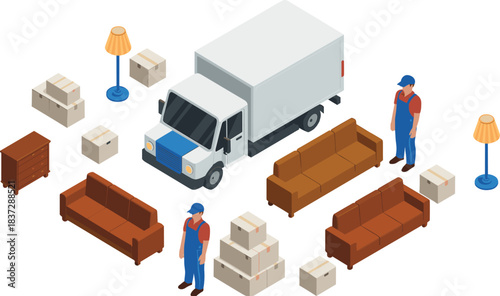 Isometric illustration of moving service workers loading furniture, boxes, sofas, lamps, and cabinets into a delivery truck for home relocation