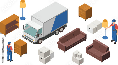 Isometric illustration of moving service workers loading furniture, boxes, sofas, lamps, and cabinets into a delivery truck for home relocation