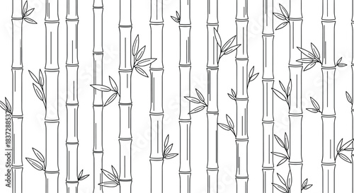 Seamless monochrome background of dense bamboo stalks and leaves hand-drawn in a detailed black and white line art illustration.