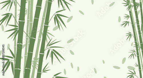 Green bamboo forest background with stalks on both sides and falling leaves creating a central copy space for text or design.