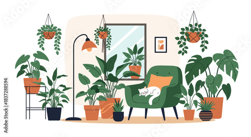 Cozy room interior full of green potted plants a comfortable armchair with a sleeping cat and a bright window in the background.