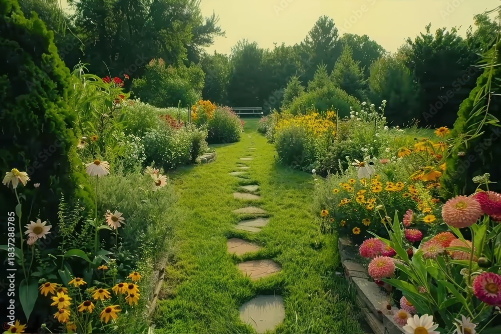 Obraz premium A vibrant garden pathway lined with colorful flowers and greenery, inviting exploration and showcasing nature's beauty.