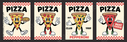 Set of retro cartoon pizza character posters featuring fun pepperoni slice mascots, vintage food advertising design, playful restaurant and pizzeria artwork