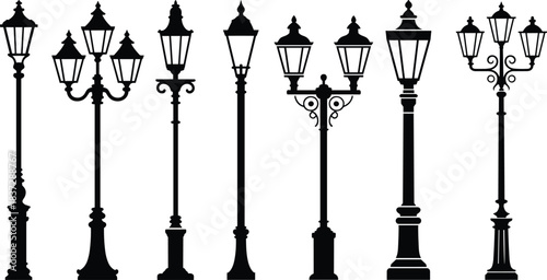 Vintage street lamp silhouettes collection featuring ornate classic lamp posts with decorative lanterns, elegant urban lighting designs for cityscape and architecture