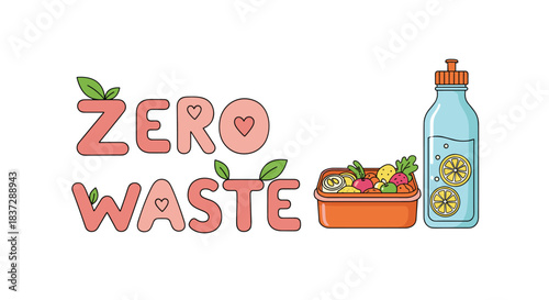 Zero waste lifestyle concept illustration with cute lettering a reusable water bottle and a lunch box filled with healthy food.