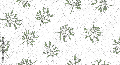 Festive seamless Christmas pattern with hand-drawn mistletoe branches on a subtle grey polka dot background perfect for the holidays.