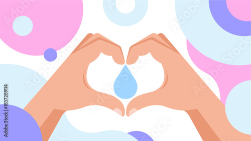 Hands Forming Heart Shape with Water Element – Modern Pastel Flat Illustration