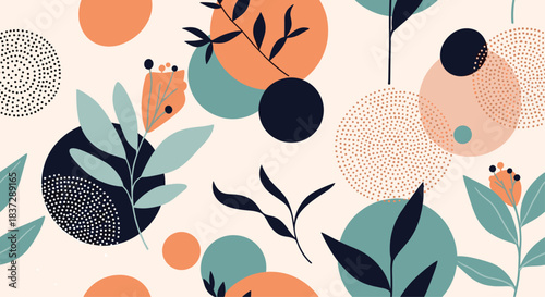 Abstract seamless pattern with stylized flowers and leaves combined with colorful geometric circles and dots on a light background.
