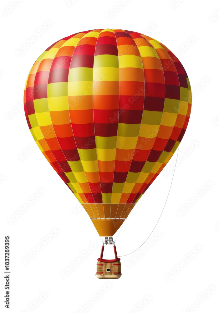 Fototapeta premium a large, photorealistic hot air balloon with vibrant orange, yellow, and red geometric patterns, isolated on a transparent background, studio lighting. concept of travel and optimism