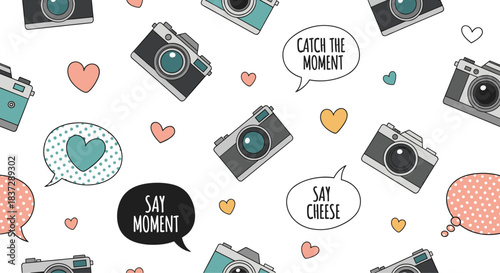 Fun seamless pattern with vintage cameras speech bubbles with text like say cheese and cute hearts on a clean white background.