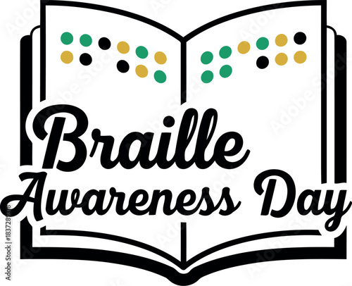 Braille awareness day concept illustration with an open book design, featuring tactile dots representing braille text, promoting literacy and accessibility for visually impaired individuals worldwide