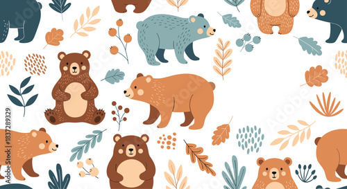 Adorable autumn seamless pattern with cute cartoon bears leaves and berries perfect for nursery decor on a white background.