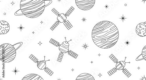 Minimalist black and white seamless pattern featuring line art planets like saturn satellites and stars for a space theme.