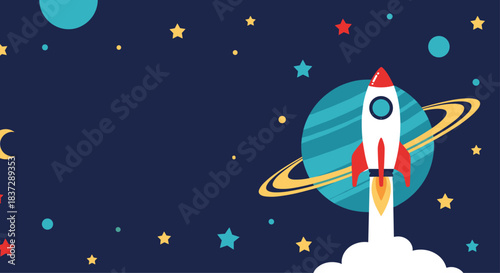 Cartoon rocket ship blasting off into outer space with a large planet saturn stars and the moon on a dark blue background.