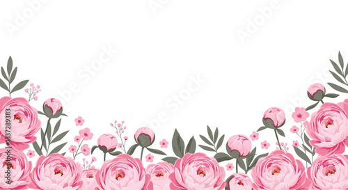 Beautiful floral border design with elegant pink peony flowers buds and green leaves on a clean white background with copy space.
