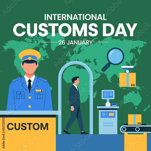 International customs day january 26th celebration with customs officer traveler magnifying glass packages and world map background