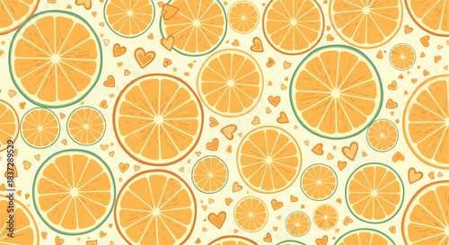 Bright and cheerful seamless pattern with stylized orange slices and cute little hearts on a warm light yellow background.