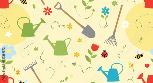 Cheerful seamless spring gardening pattern with watering cans shovels rakes flowers bees and ladybugs on a yellow background.