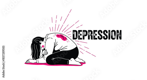 Powerful conceptual illustration about mental health showing a person in despair with the word depression and a pain symbol.