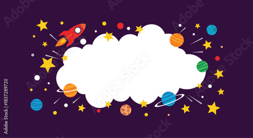 Fun outer space themed frame with a large white cloud for text surrounded by cartoon planets rockets and stars on purple.
