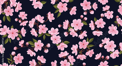 Beautiful seamless floral pattern with blooming pink cherry blossom or sakura flowers on a dark sophisticated navy blue background.