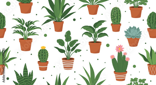 Seamless pattern with various cartoon-style potted houseplants like cacti succulents and monstera on a clean white background.