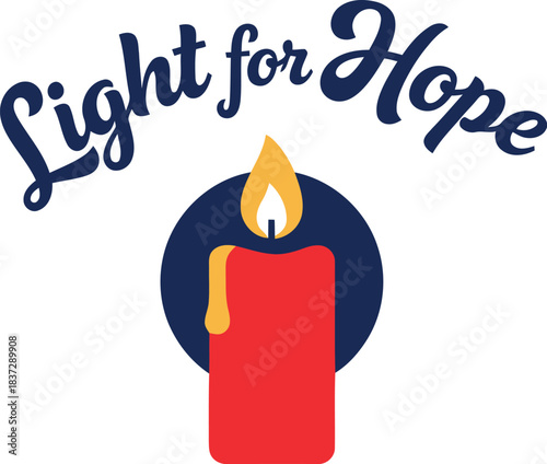 Light for hope typographic logo with a vibrant red candle and bright yellow flame icon, symbolizing faith, spirituality, guidance, and optimism in a clean, modern vector graphic illustration.