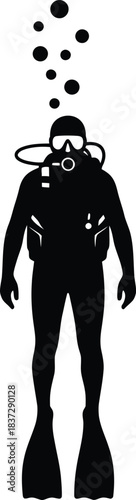 Scuba Diver Silhouette Underwater with Bubbles