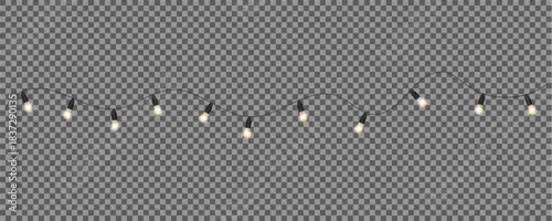 Realistic glowing string lights garland on transparent background. Festive hanging bulbs for decoration