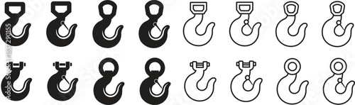 Lifting hook icons set, crane, industrial lifting equipment symbols, heavy duty load , shackle and safety latch variations in solid and outline vector illustration isolated on transparent background