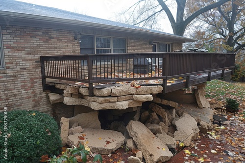 A house with a partially collapsed deck, supported by rocks, showcasing structural damage amid fallen leaves and trees.