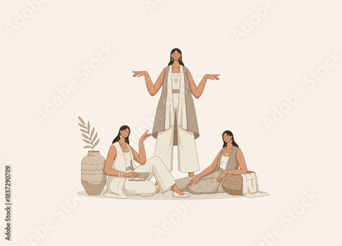 This image evokes concepts of feminine elegance, mindful living, fashion, beauty, and creative collaboration or reflection in a minimalist, modern aesthetic. 