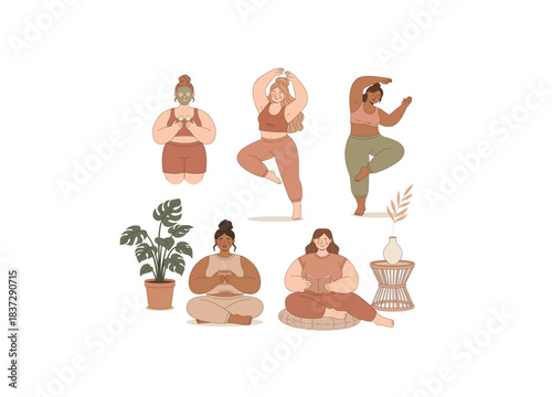 A set featuring five women of various body types engaging in self-care, wellness, and mindful activities. The collection promotes body positivity, mental health, self-love, and holistic wellness.