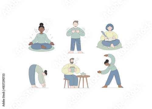 A set of illustrations depicting various self-care and mental wellness activities. The diverse group of characters are engaging in mindful practices to promote relaxation and well-being.
