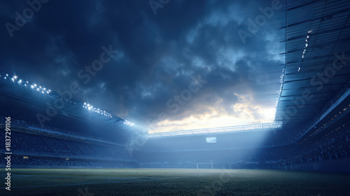 An outdoor stadium with bright lights illuminating a soccer field at night with a dramatic sky filled with dark storm clouds providing a moody atmosphere.