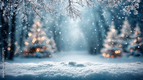 winter forest with glowing bokeh lights, snowy landscape with illuminated trees