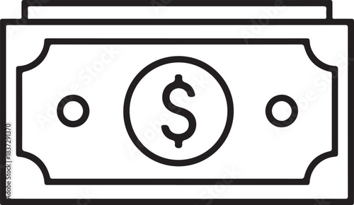 Money icon set, paper bills and wallet illustration, financial symbol collection, black
