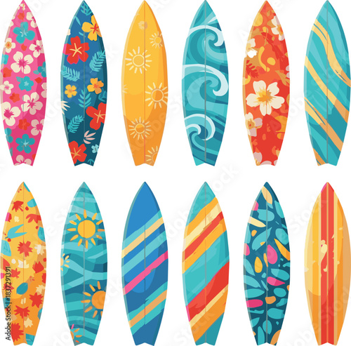 Create Kinds of Summer surfboard elements clipart set. Colorful surfing board clip art with printed and pattern design collection for beach graphic elements vector illustration white background
