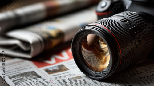 A professional camera lens is focused on a newspaper with articles and headlines, suggesting photojournalism, current events, and visual storytelling through images.