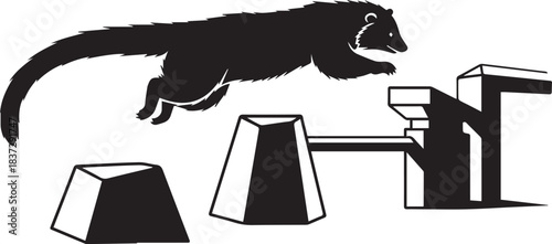 Silhouette of a ferret jumping over agility obstacles in a training course