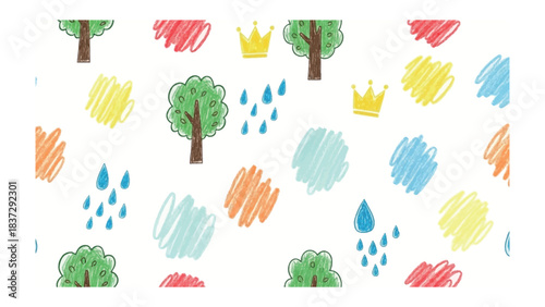 Whimsical Garden Pattern: A vibrant and playful pattern showcasing hand-drawn elements of crowns, trees, raindrops, and colorful brushstrokes, creating a charming and cheerful design.