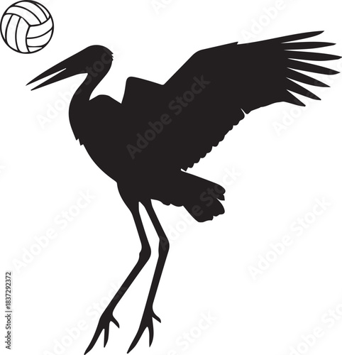 Silhouette of a stork playing volleyball with its beak
