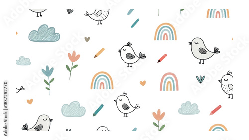 Whimsical Delight: An enchanting composition unfolds with hand-drawn birds, rainbows, and clouds against a clean backdrop, capturing the essence of childhood innocence and joyful dreams. 