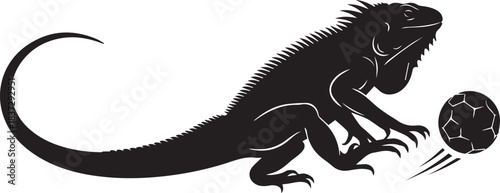Silhouette of a playful iguana chasing a ball