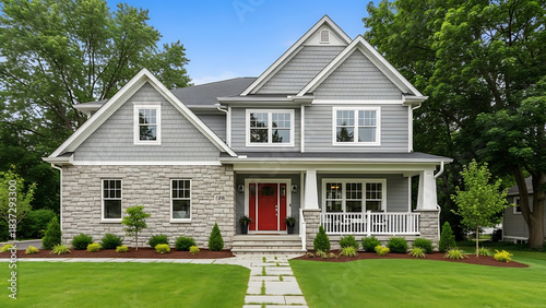 A beautiful modern two-story grey house with stone accents, a red front door, and a lush green lawn.