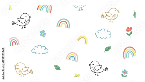 Whimsical Delight: A cheerful pattern of cute birds, vibrant rainbows, fluffy clouds, and delicate flowers come together in a seamless array.