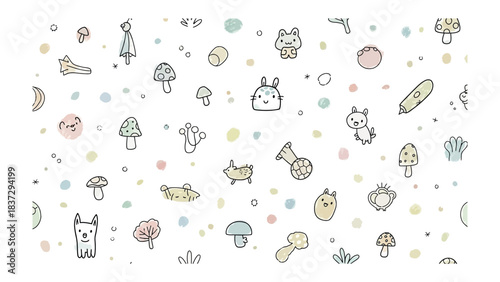 Whimsical Pattern: A playful pattern of whimsical illustrations and cute creatures that bring a sense of wonder and fun. 