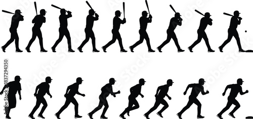 batting swing, hitting the ball, and running base, digital flat vector illustration set for animation and sports