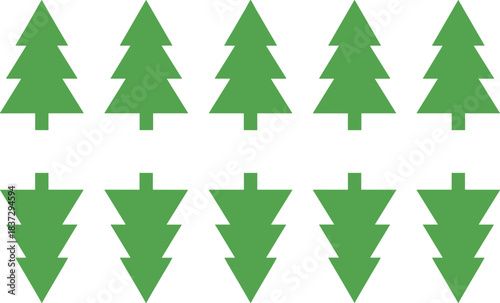 Green tree pattern, symmetrical layout, upright and inverted trees, nature design, holiday theme, geometric balance, flat vector illustration