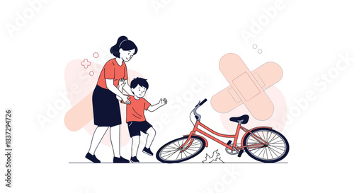 Compassionate mother comforts her young child who just fell off a bicycle in an outdoor area with band-aid motifs.